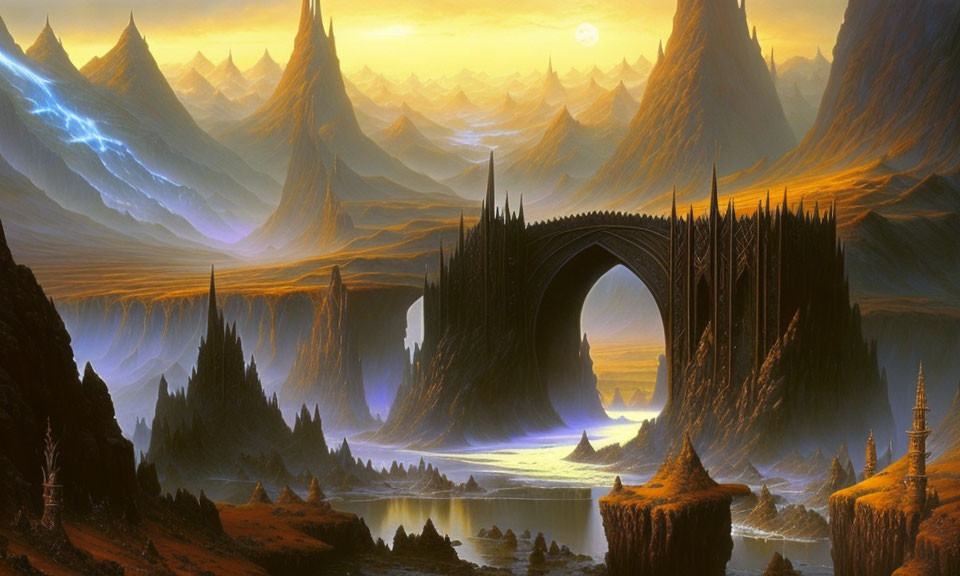 Majestic fantasy landscape with spiky mountains, glowing river, and ornate arch-shaped gate