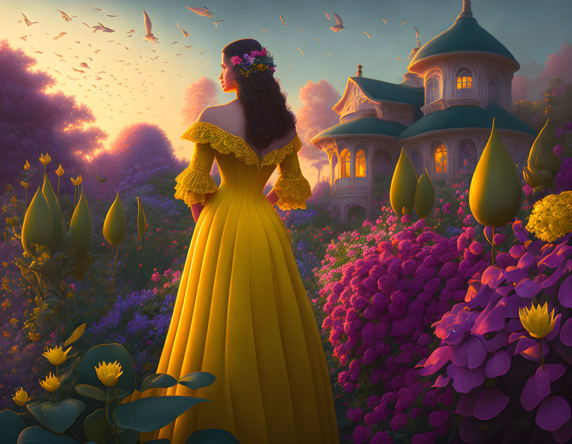 Woman in Yellow Dress in Colorful Garden at Sunset with Victorian House