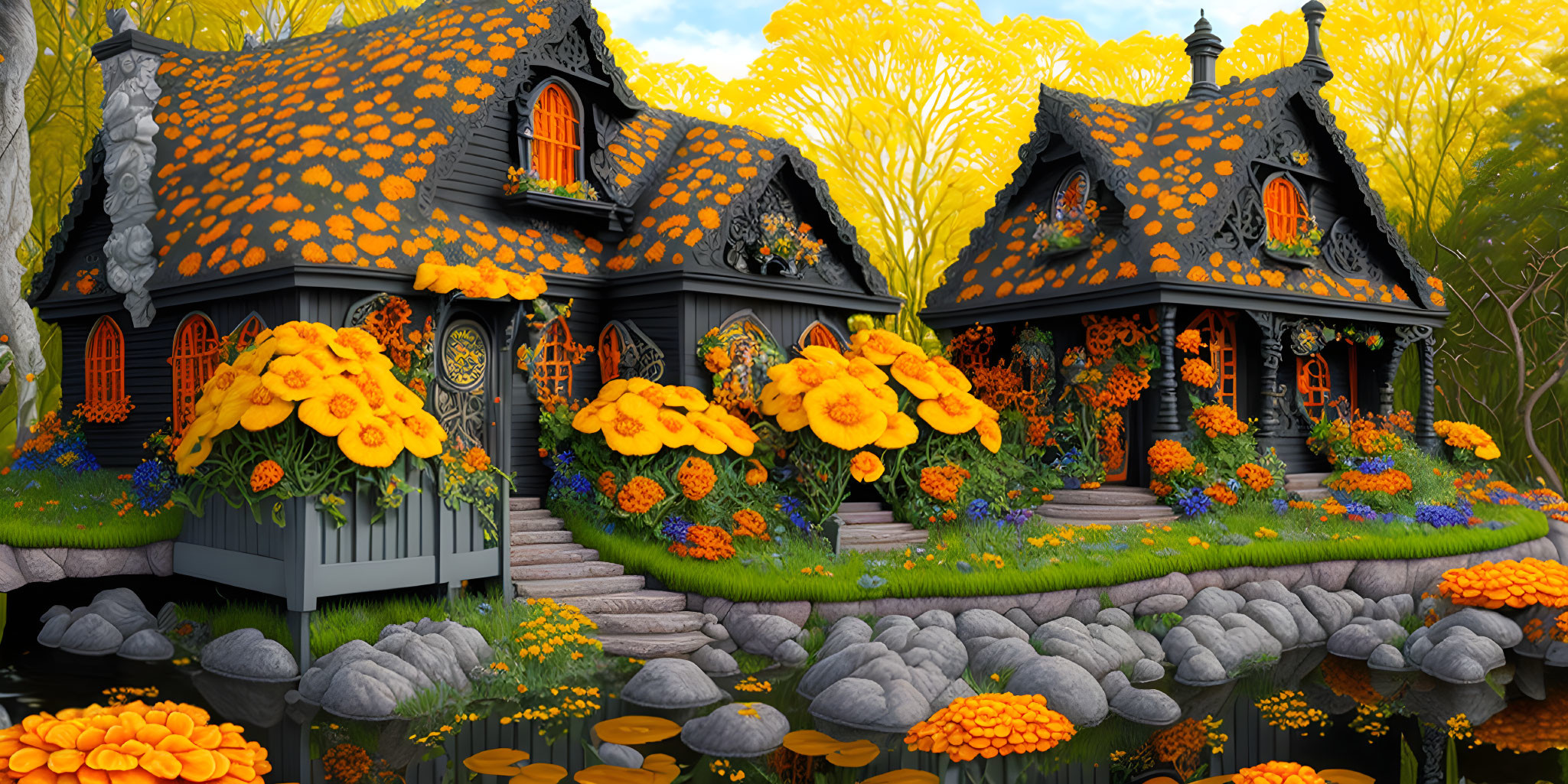 Ornate fairy-tale cottages with thatched roofs in lush garden scene