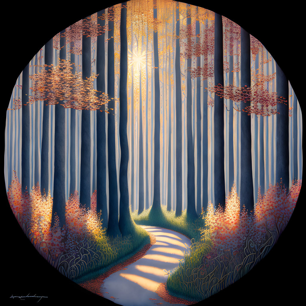 Circular Framed Artwork: Sunlit Path Through Serene Autumn Forest