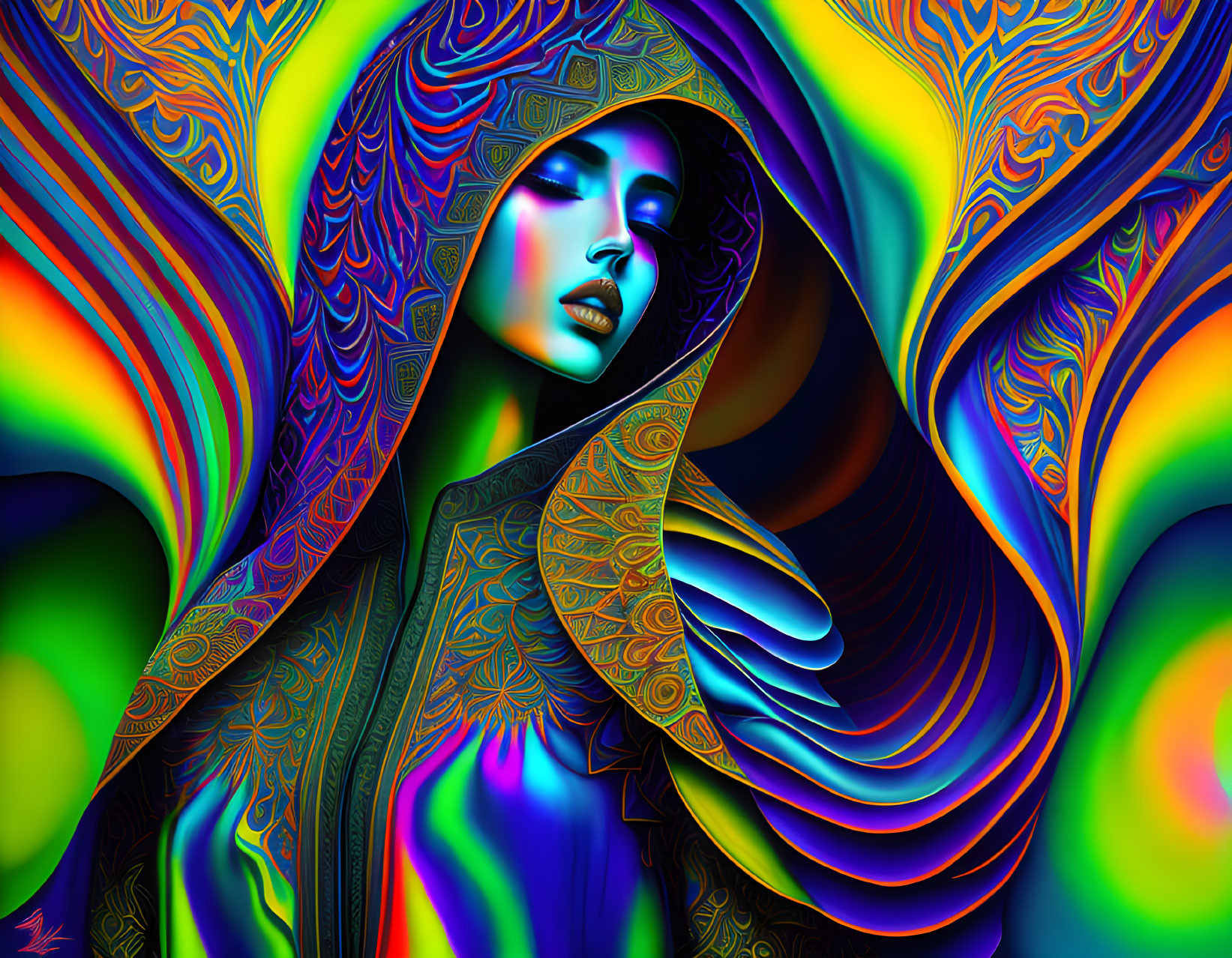 Colorful digital artwork: woman with patterned hood, intricate designs, psychedelic swirls