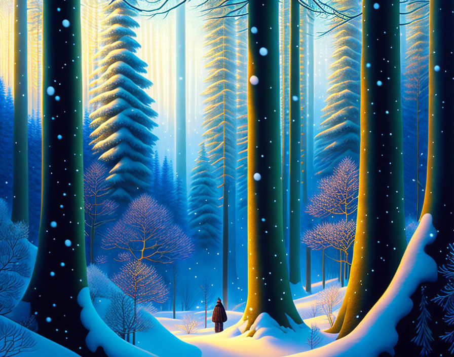 Snow-covered winter forest scene with tall trees, blue sky, falling snowflakes, and lone figure