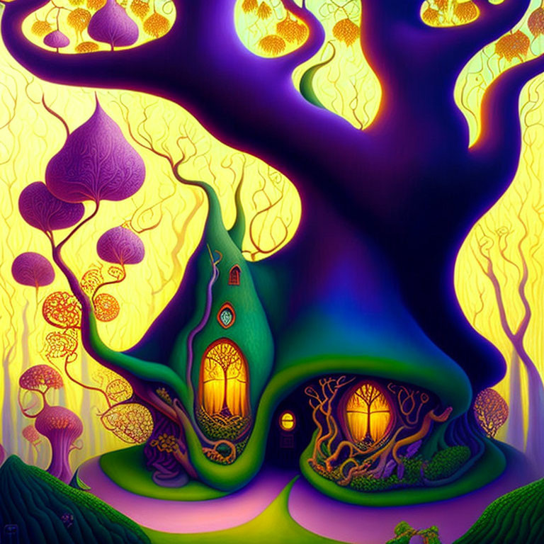 Colorful whimsical fantasy tree painting with house in vibrant foliage landscape