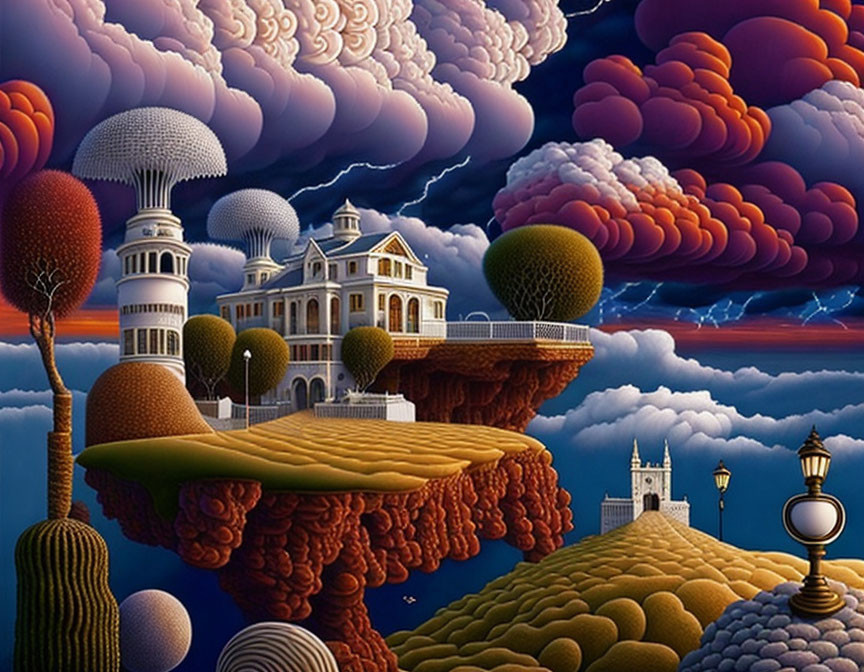 Surreal landscape with floating islands and Victorian architecture