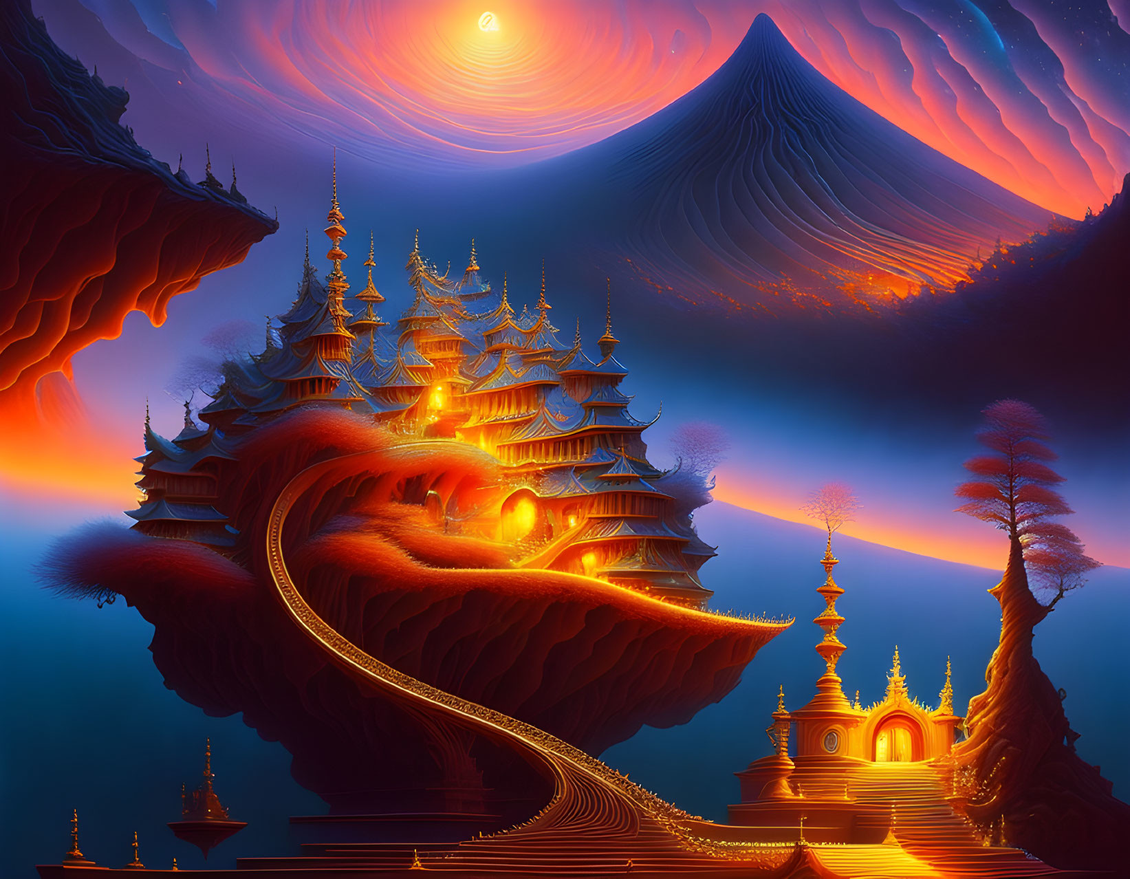 Fantastical landscape with golden pagodas on cliffs under red sun