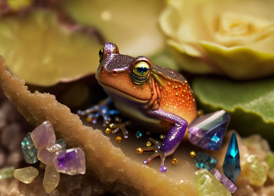 Colorful frog among crystals and plants in mystical setting