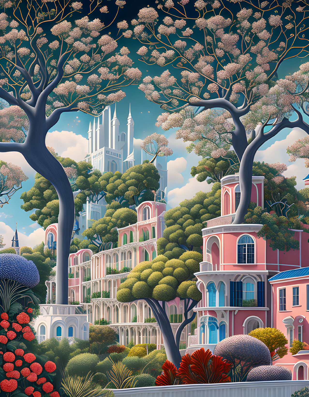 Colorful Cityscape Illustration with Pink Buildings and White Castle