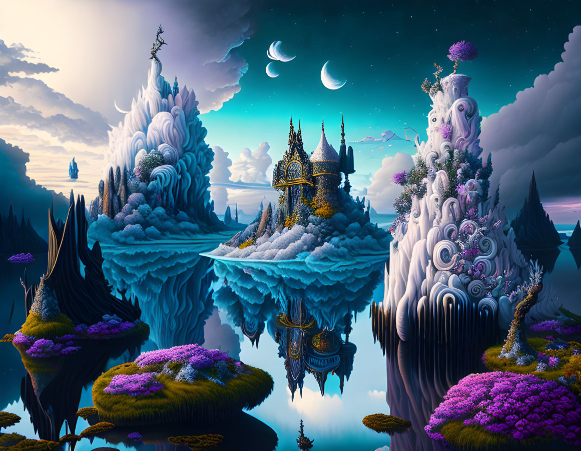 Fantastical landscape with floating islands, castle, and celestial bodies