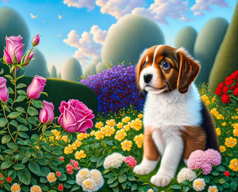 Adorable puppy surrounded by colorful flowers and green hills under a blue sky