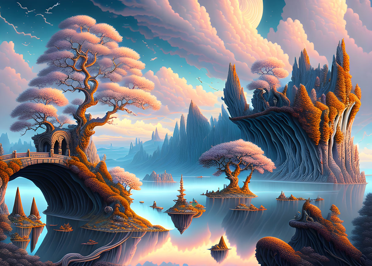 Surreal landscape with towering rock formations, pink trees, lake, bridges, and dreamy sky