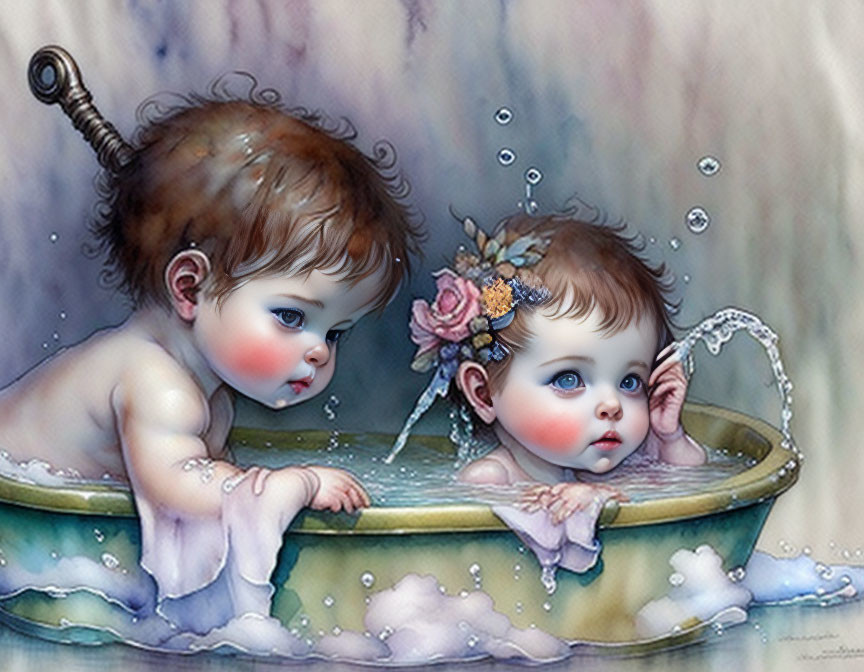 Illustrated Babies Bathe in Tub with Large Eyes