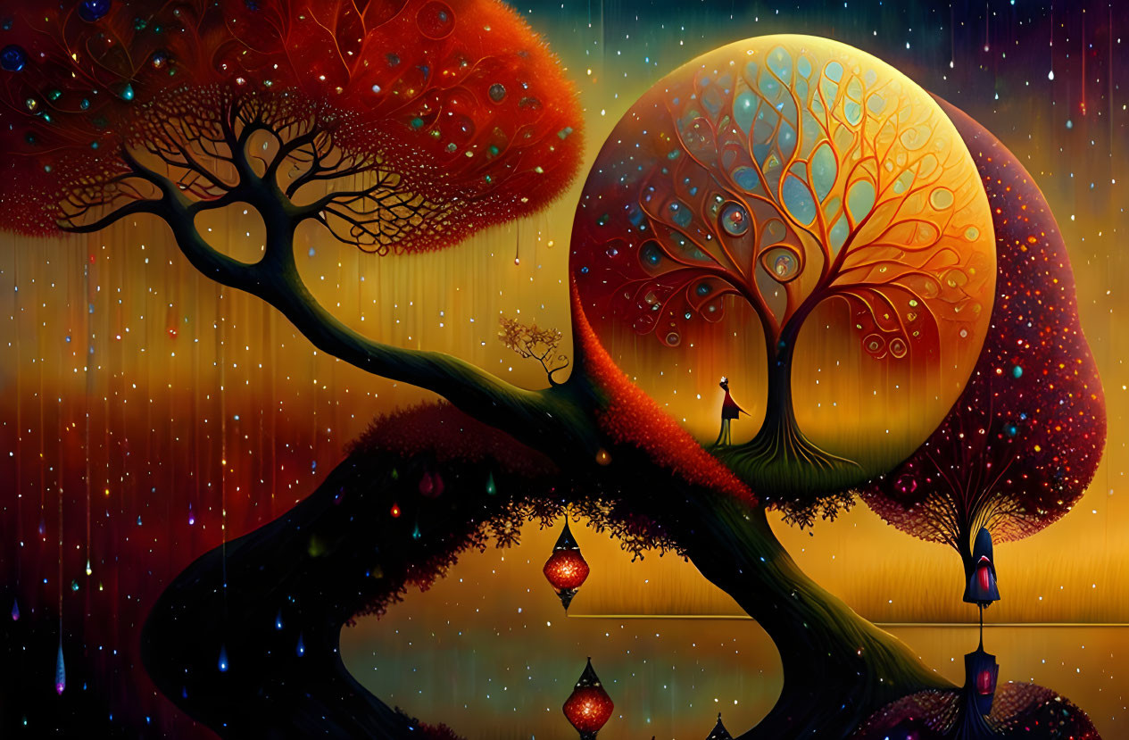 Whimsical trees with lanterns and figure in starry night scene