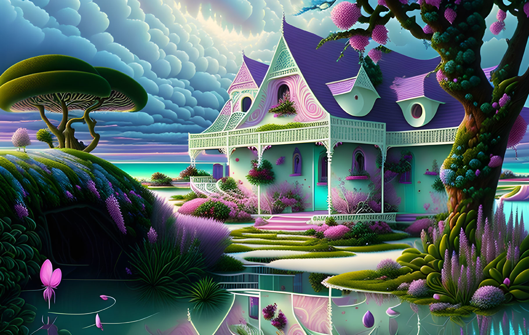 Colorful Fantasy Landscape with Whimsical House and Lush Vegetation