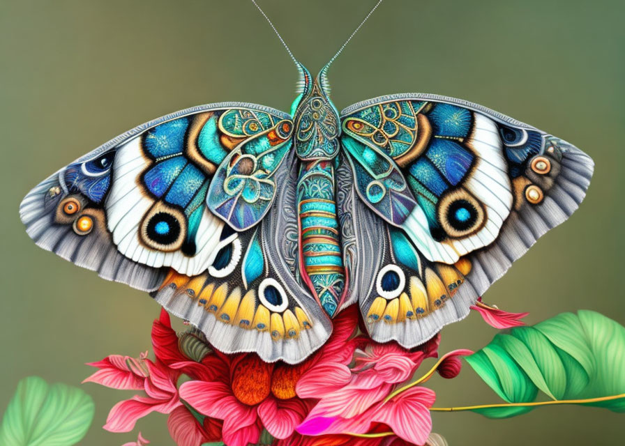 Colorful Butterfly with Eye Spots on Flowers and Foliage