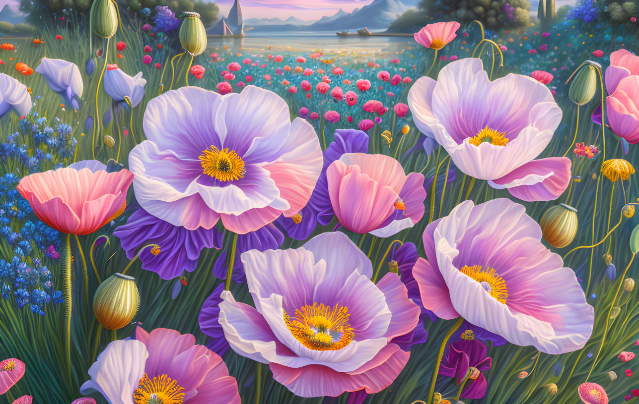 Colorful Flower Field Painting with Purple Blossoms and Sunset Lake