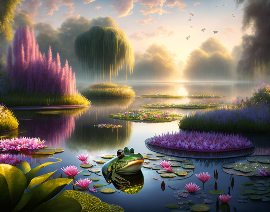 Tranquil pond with lotus flowers, frog on leaf, colorful flora, weeping willows