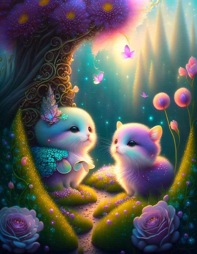 Whimsical fluffy creatures in enchanted forest with glowing flowers