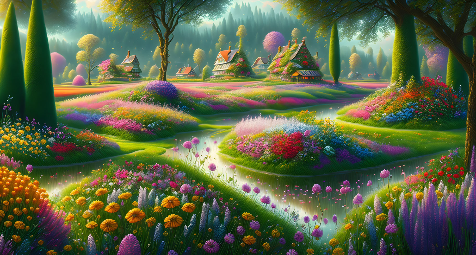 Colorful flowering fields, whimsical cottages, lush trees in vibrant fantasy landscape