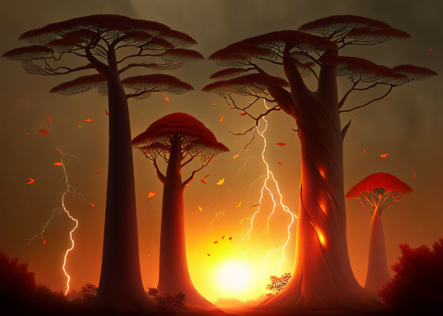 Mystical forest digital artwork with oversized trees and glowing sunset