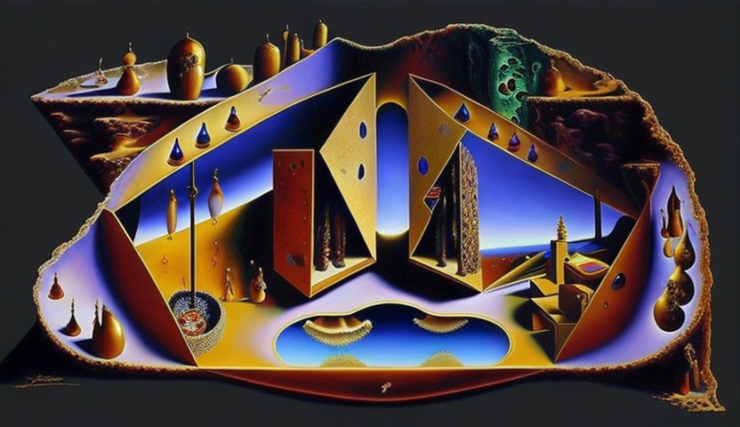 Surrealistic artwork: Distorted shapes, melting objects, desert landscape, reflective water, central