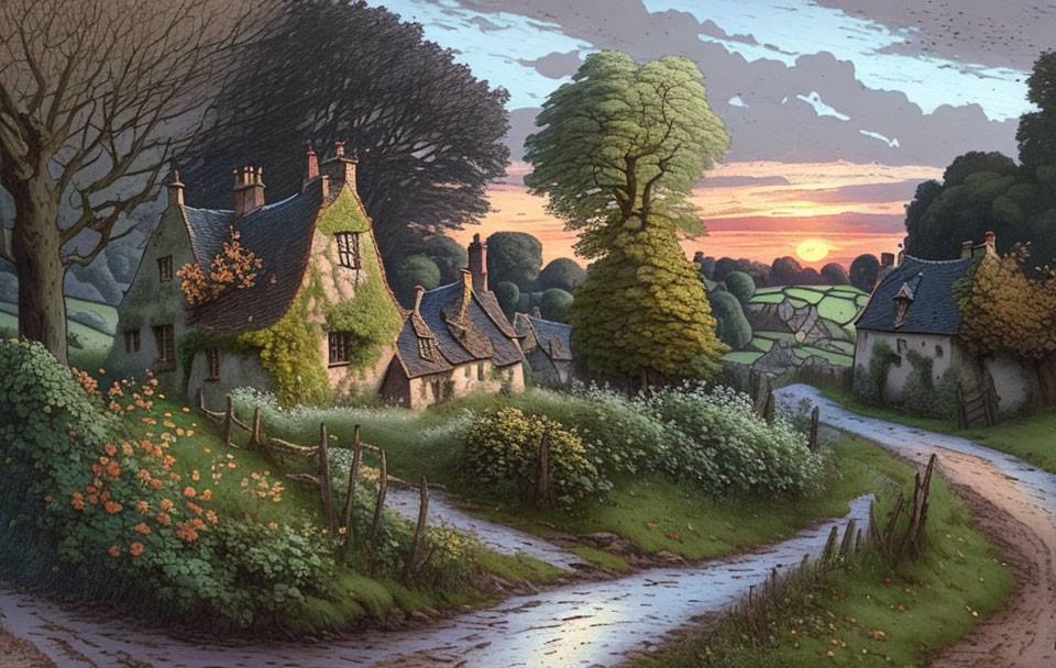 Thatched cottages, winding path, lush greenery, and setting sun in rural scene