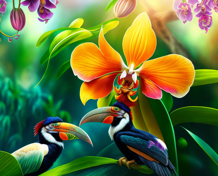 Vibrant toucans in lush tropical forest with orchids