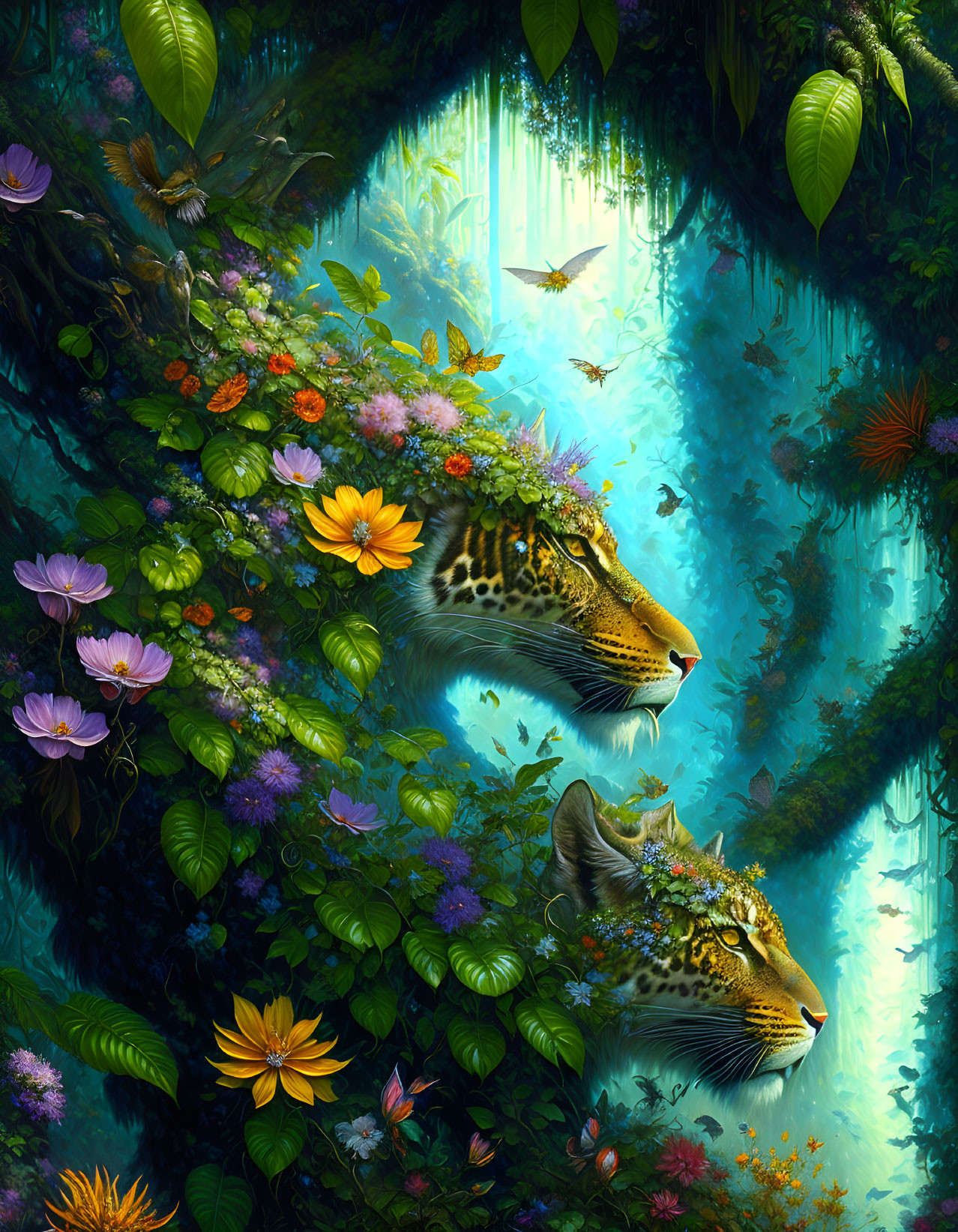 Fantastical jungle scene with blended leopard heads and exotic flowers