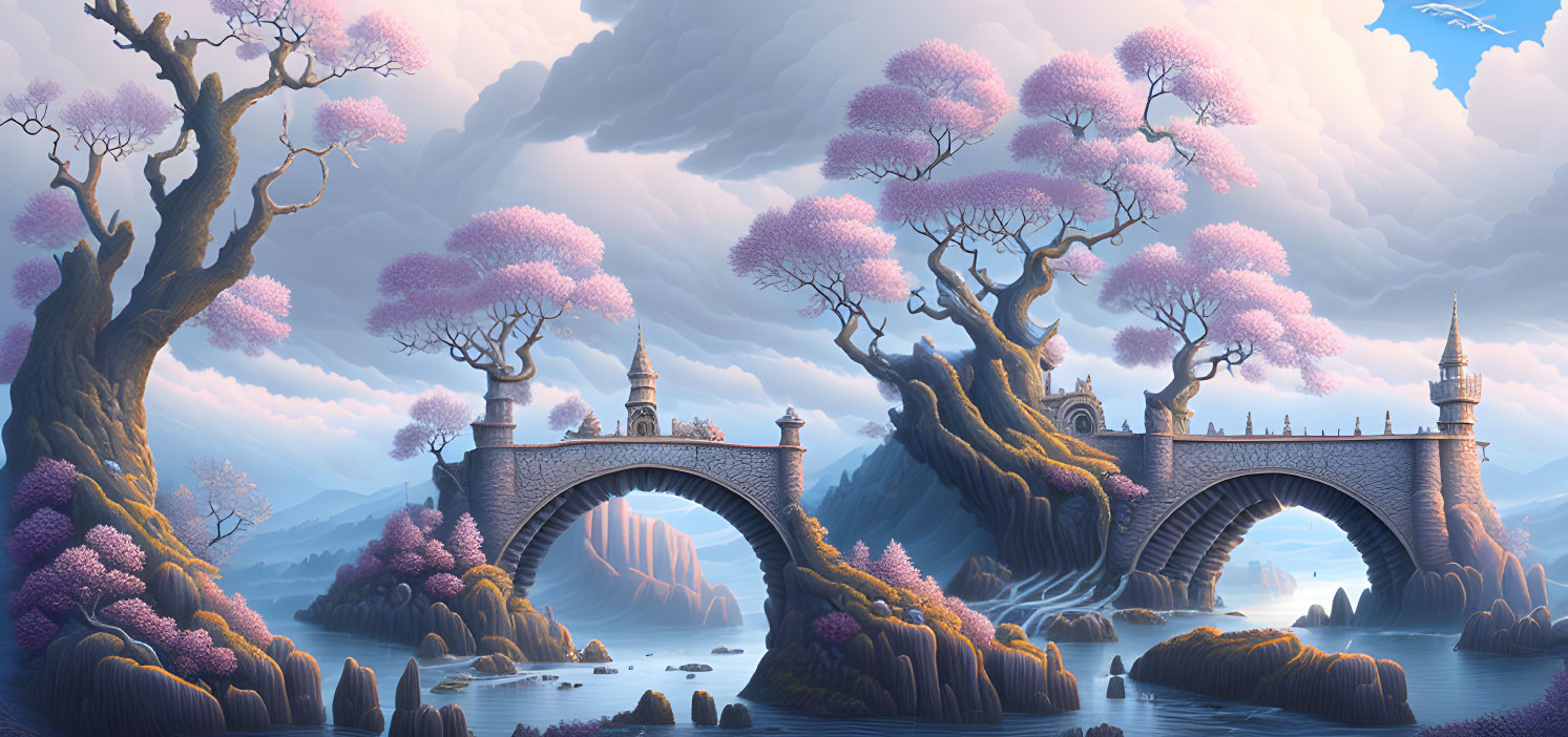 Stone bridges and pink blossoming trees in serene fantasy landscape