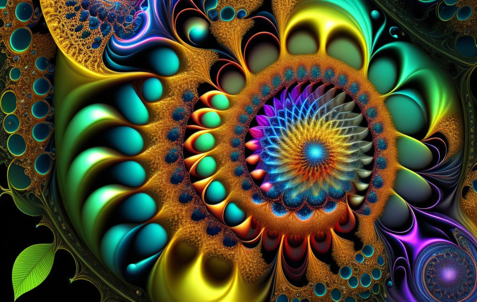 Colorful Fractal Spiral Pattern with Peacock Tail Resemblance