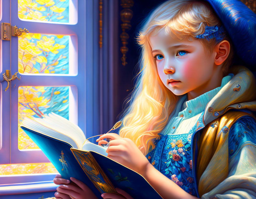 Blonde girl reading book by vibrant stained glass window