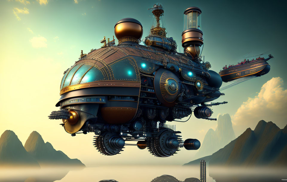 Intricate steampunk airship over misty mountains at dusk