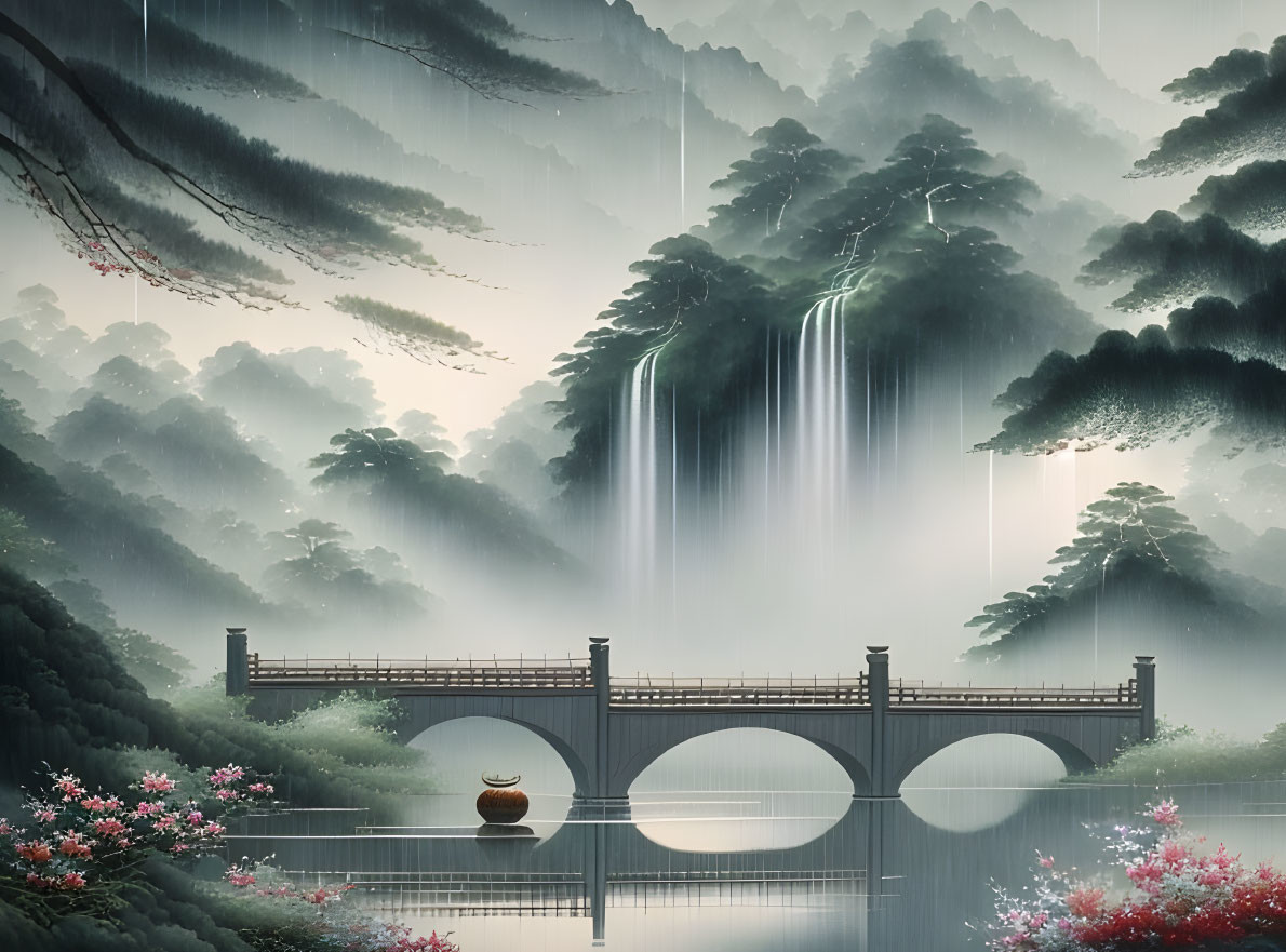 Tranquil misty landscape with bridge, waterfalls, teapot, lush flora