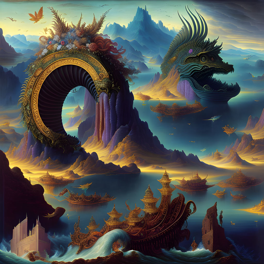 Ornate dragon gateway, serpentine creatures, ancient ships, and mystical landscapes