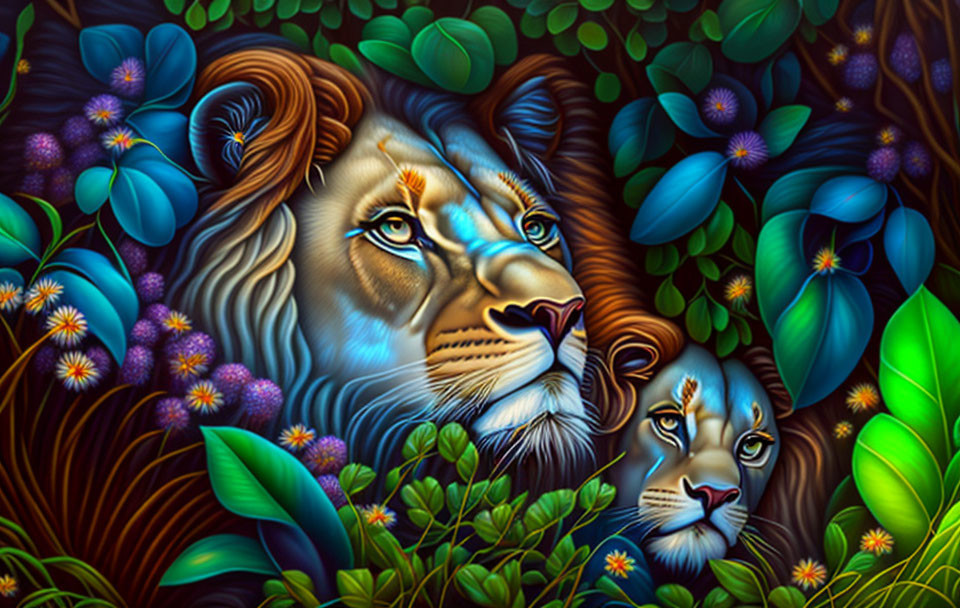 Detailed Illustration of Lions in Lush Foliage and Flowers