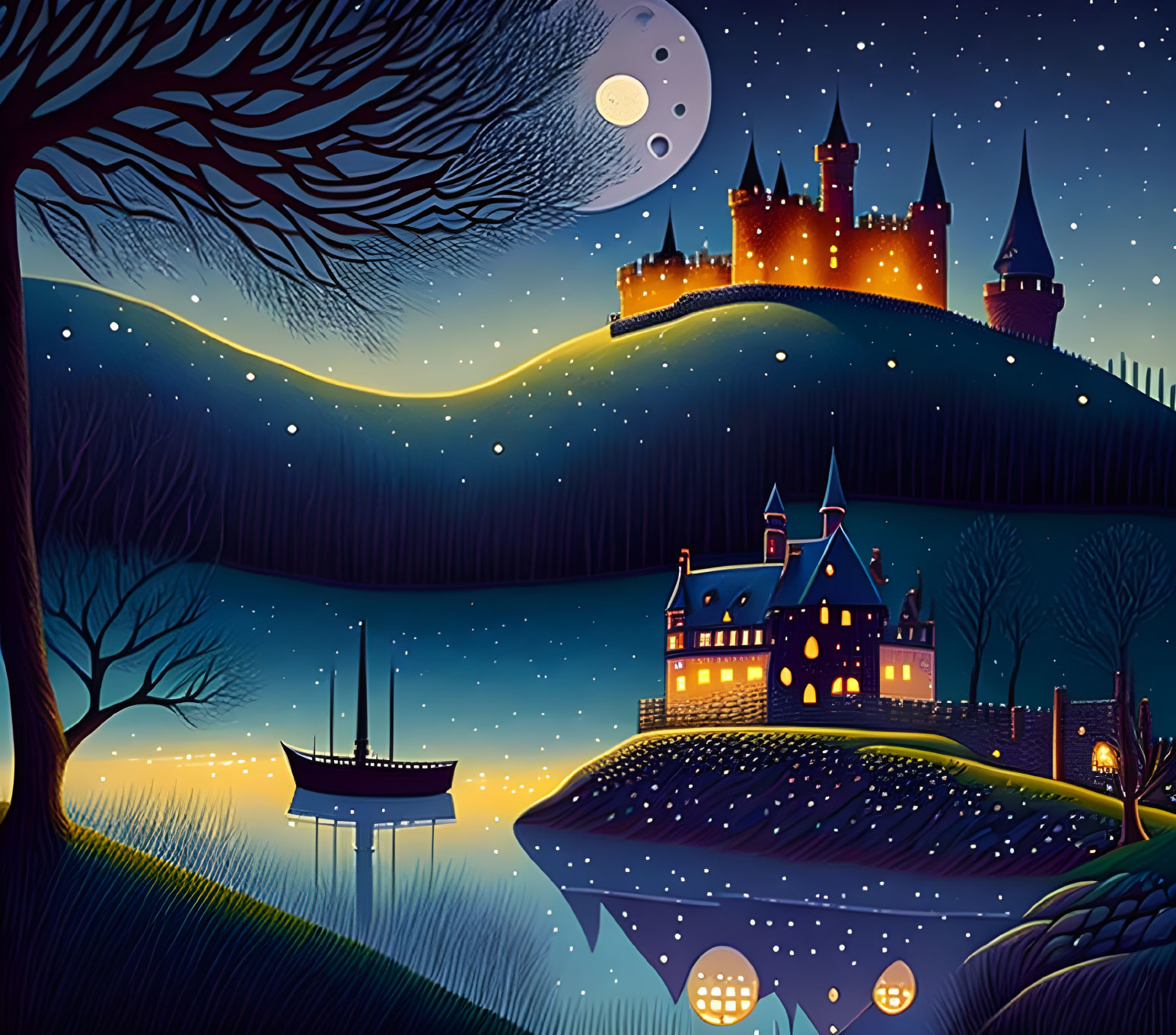 Nighttime illustration: castle on hill, manor by lake, full moon with tree branch, star