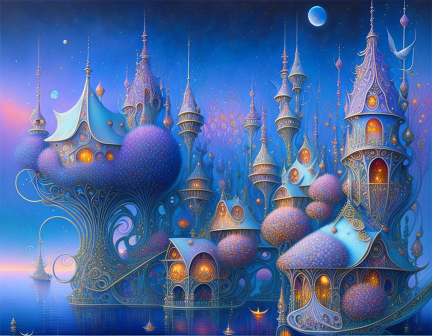 Whimsical cityscape with ornate buildings under starlit sky