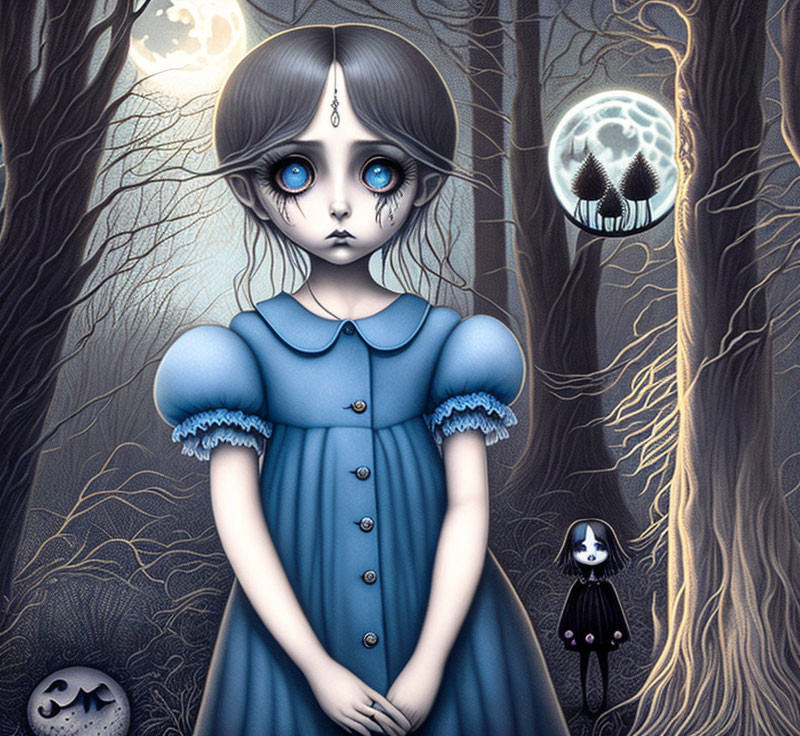 Stylized illustration of girl with oversized eyes in blue dress in eerie forest