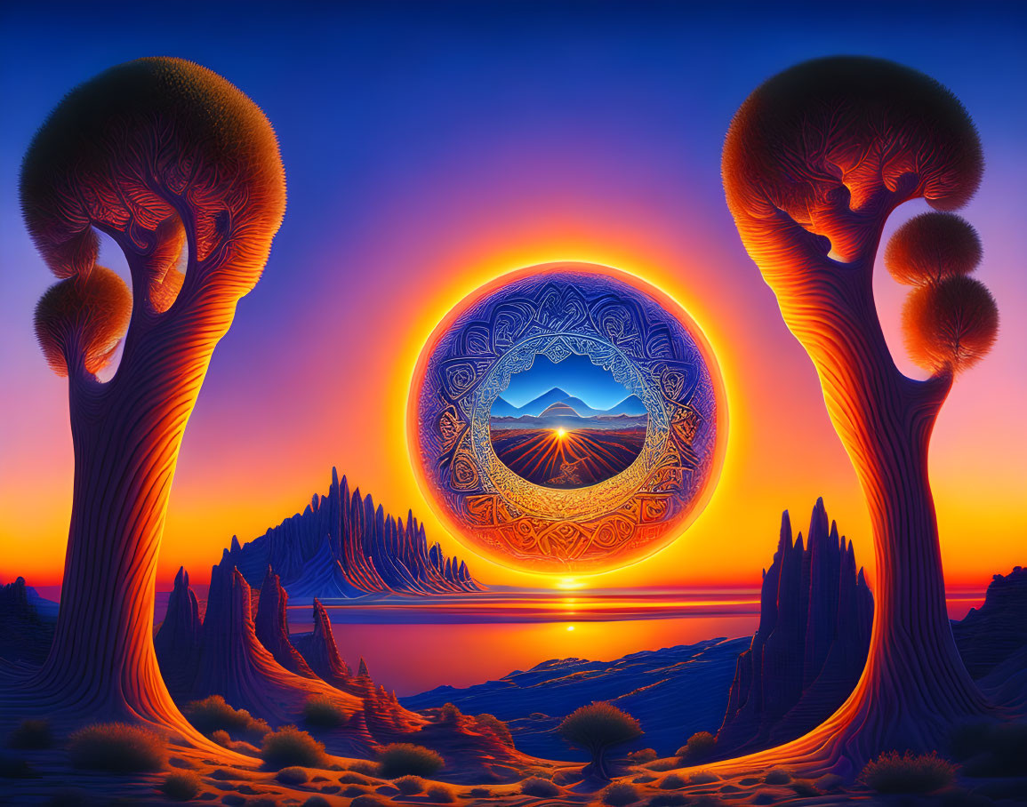 Vibrant blue and orange surreal landscape with stylized trees and circular patterns