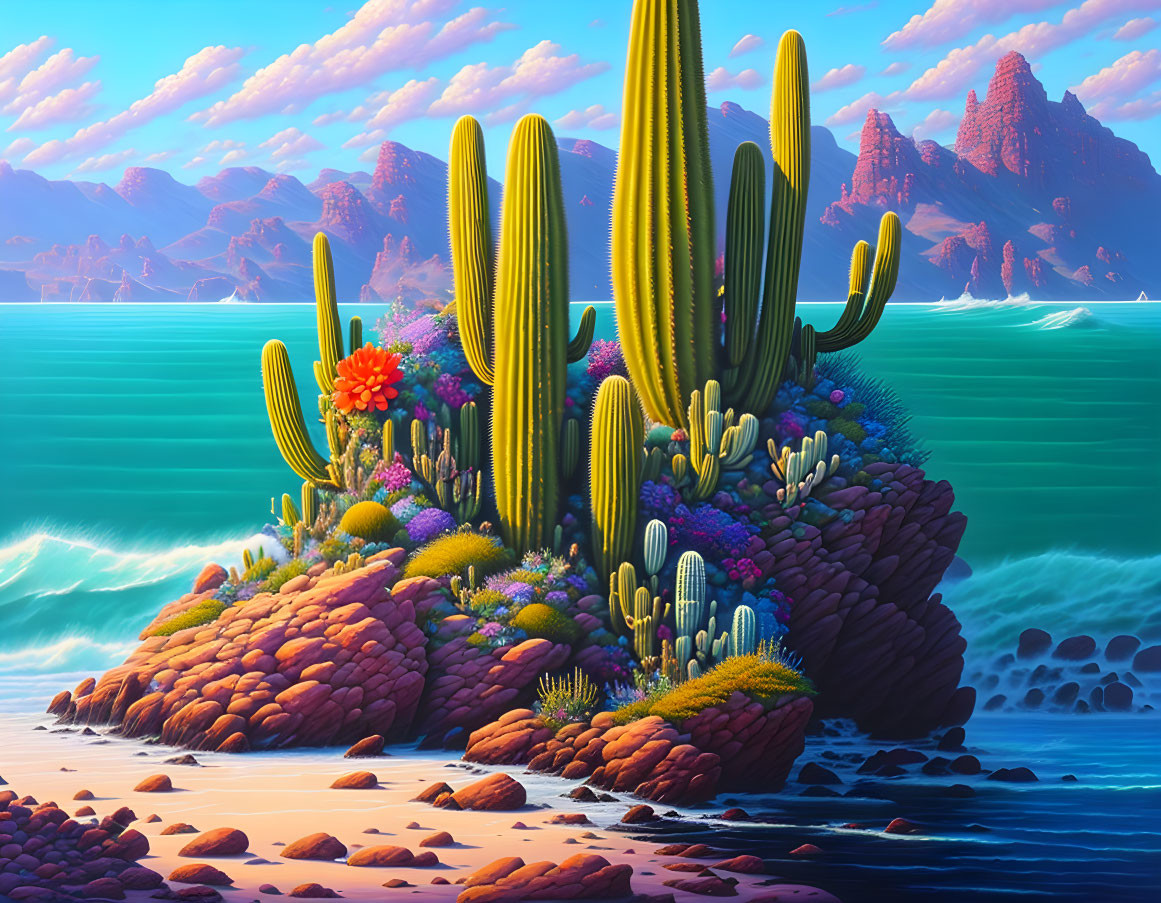 Colorful desert island scene with cacti, flowers, sea, mountains, and cloudy sky