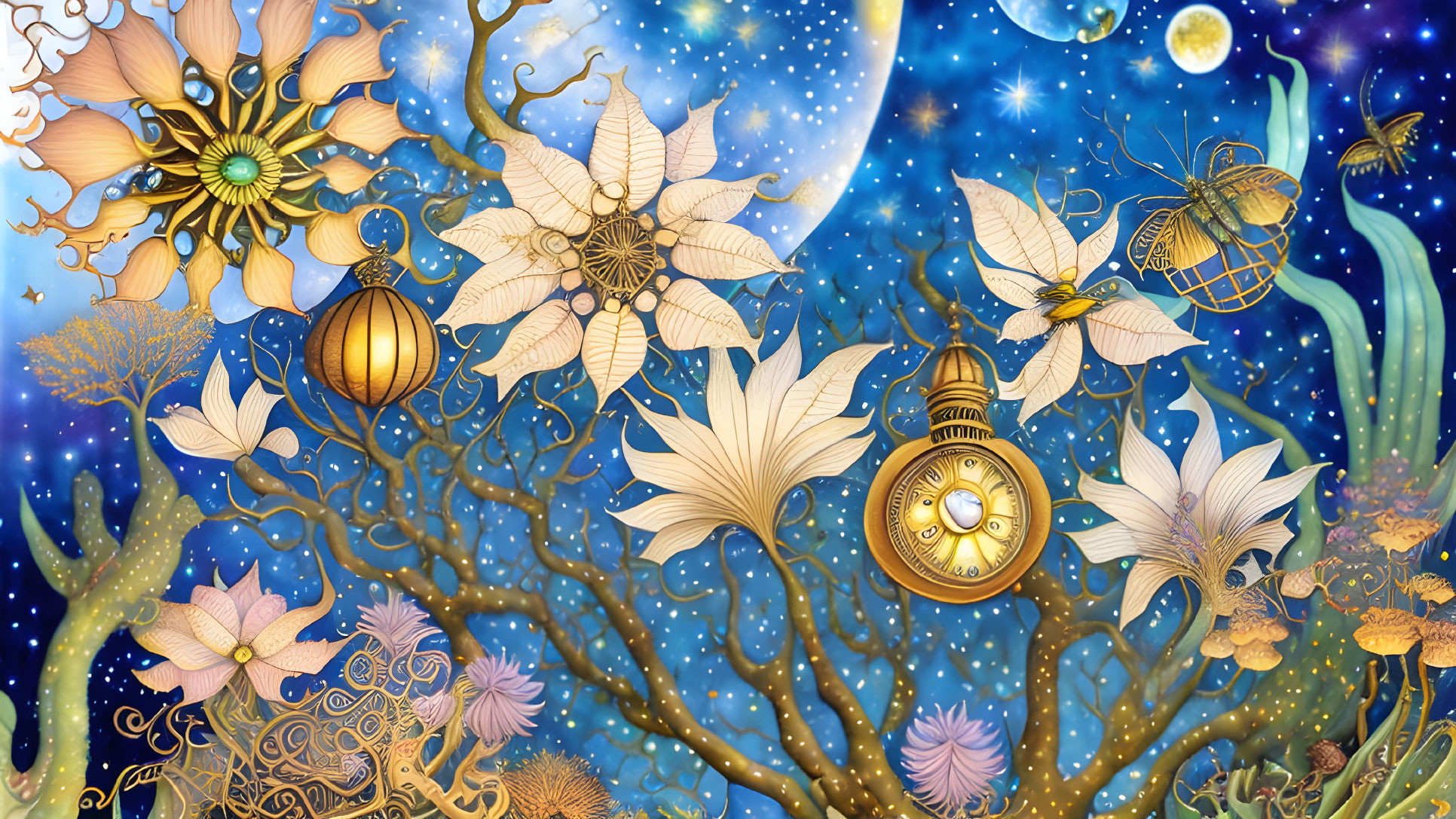 Whimsical illustration of blooming flowers, bees, pocket watches, starry sky, and tree