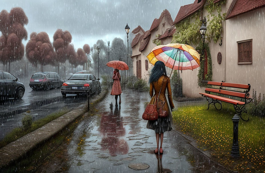 Colorful umbrella person walks on rainy street with parked cars, bench, and street lamp.