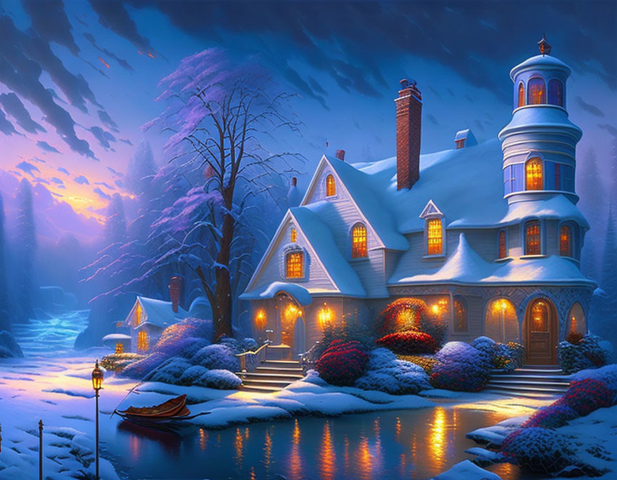 Winter scene: Snowy house with glowing windows, frozen river, and twilight sky