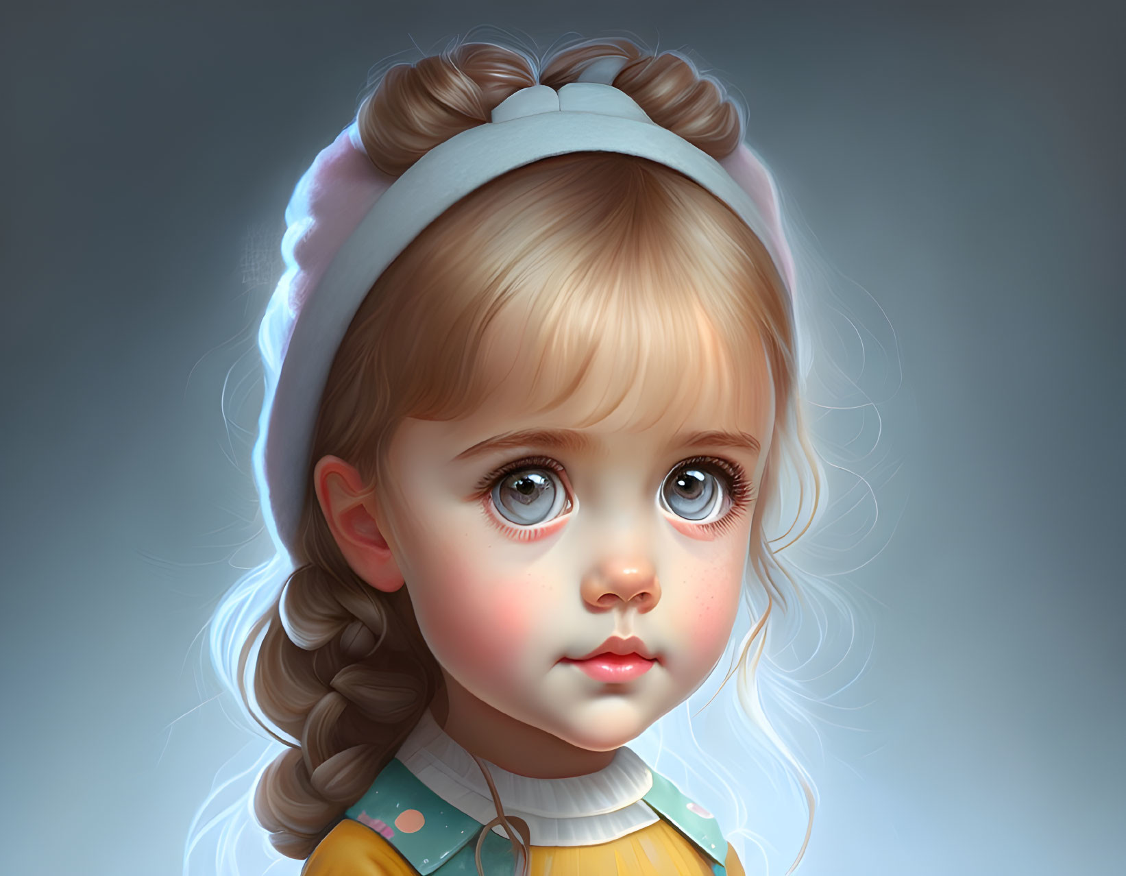 Young girl digital art: blue eyes, blond hair, white headband, yellow dress with green accents