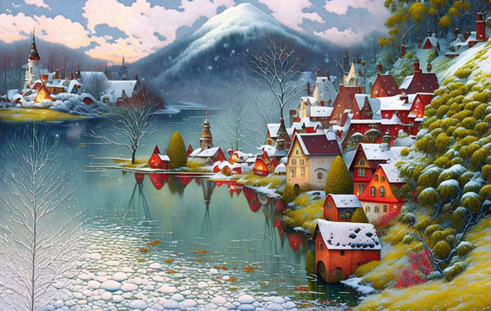 Scenic winter village with colorful houses by frozen lake