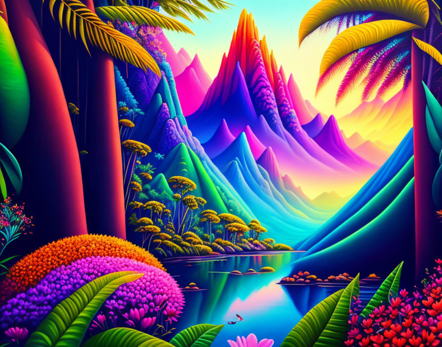 Surreal landscape with luminous mountains, serene lake, tropical foliage, and colorful flora