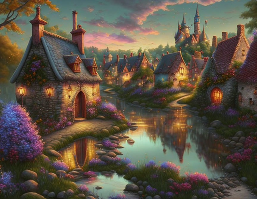 Tranquil fantasy village at twilight with glowing windows, thatched roofs, serene river, vibrant flowers