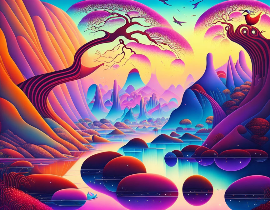 Colorful Fantasy Landscape with Mountains, Reflective Water, Tree, and Birds