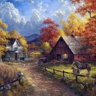 Colorful Autumn Village Scene with Cobblestone Path & Vibrant Flowers