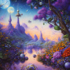 Fantasy landscape: ancient castle, lake, moon, purple foliage, glowing flora