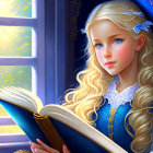 Blonde girl reading book by vibrant stained glass window